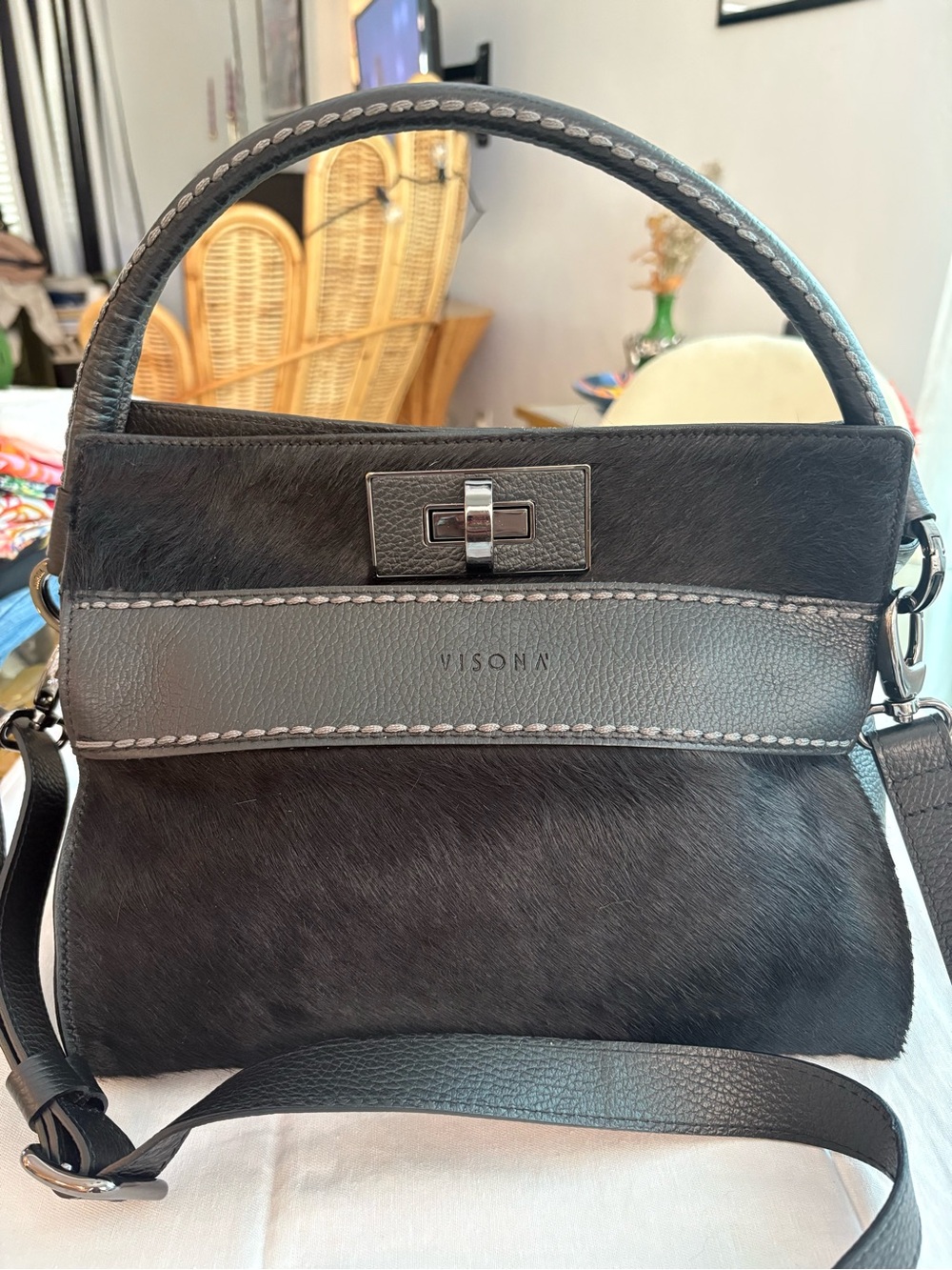 FISON’A’ Black Leather PONY Shopping Handbag! Stunning & like new! Crossbody too
